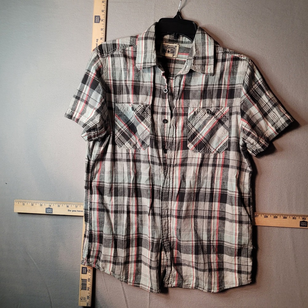 Converse One Star Mens Medium Plaid Short Sleeve Button Shirt Black Red White